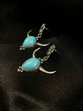 Boho Silver Cow Horn Earrings with Turquoise Stone