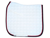 White Dressage Saddle Pad - Dark Navy Binding & Red Rope