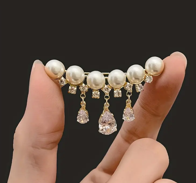 Gold Pearl Pin with Crystal Pendants