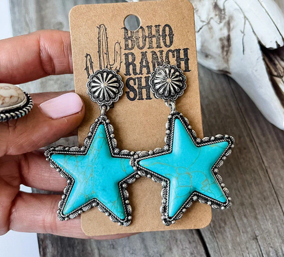 Boho Vintage Style Silver Blue Star Earrings