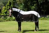 Horse wearing Gala Equine Hybrid Signature Ripstop Black and Platinum Neck Combo with summer mesh