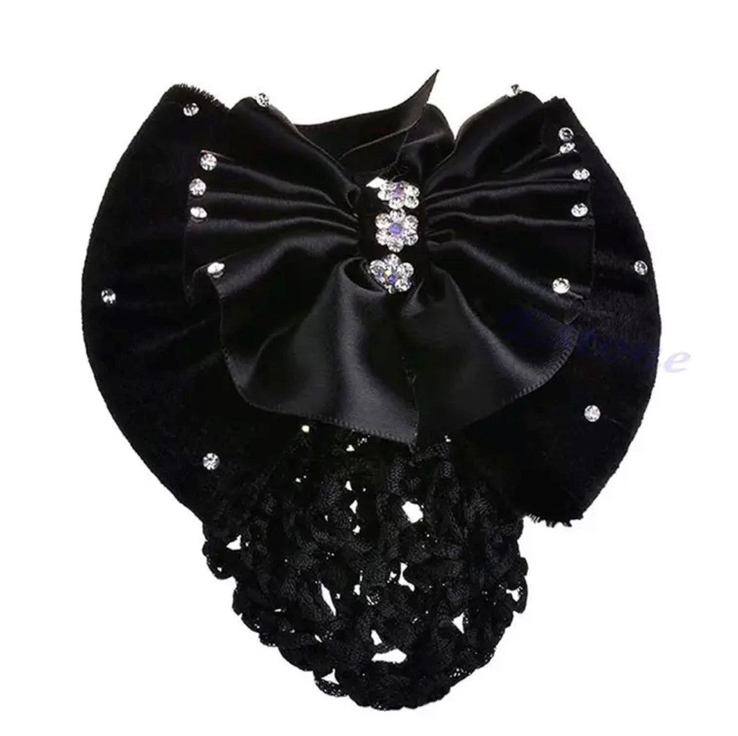 Hair Bow With Clip and Bun hair net - All Black with Diamontes
