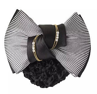 Hair Bow With Clip and Bun hair net - Black stripes with Gold & Diamontes