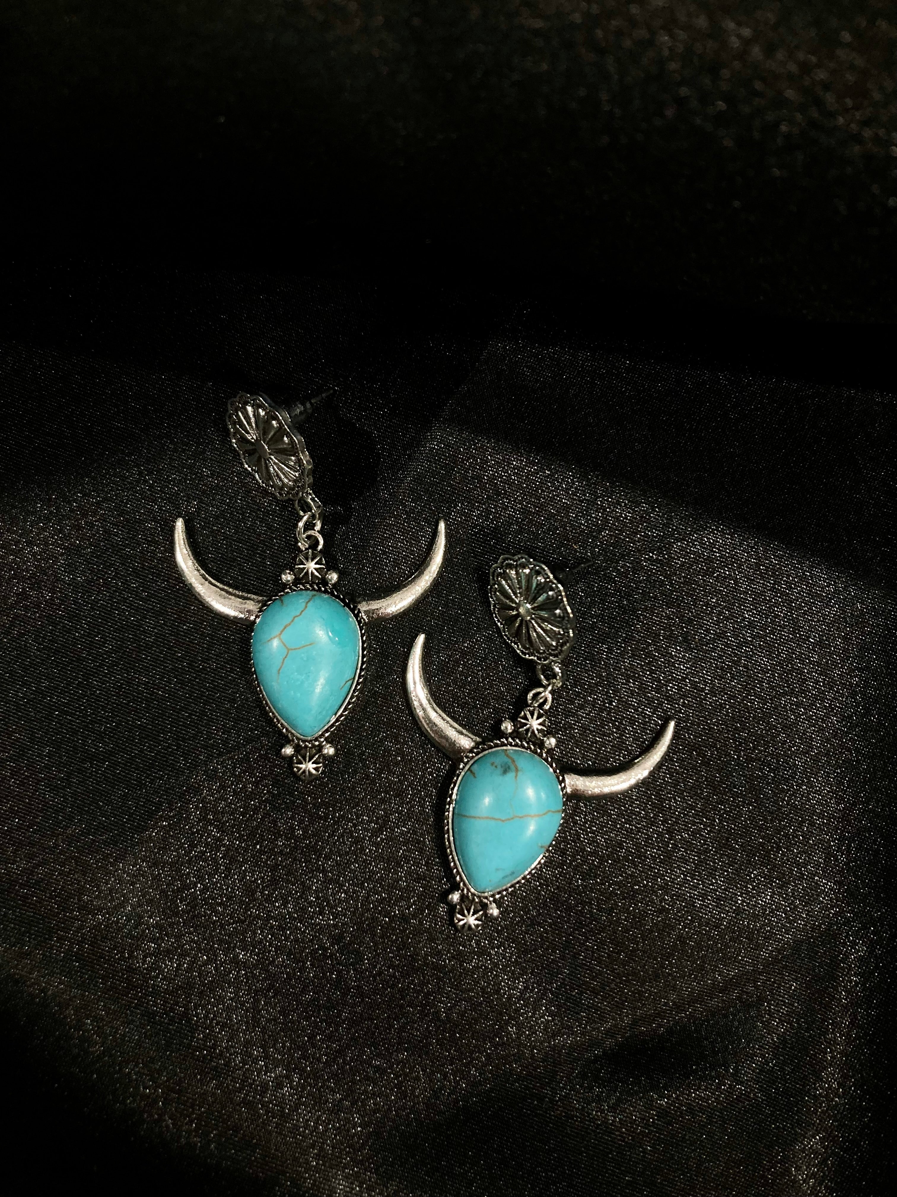 Boho Silver Cow Horn Earrings with Turquoise Stone