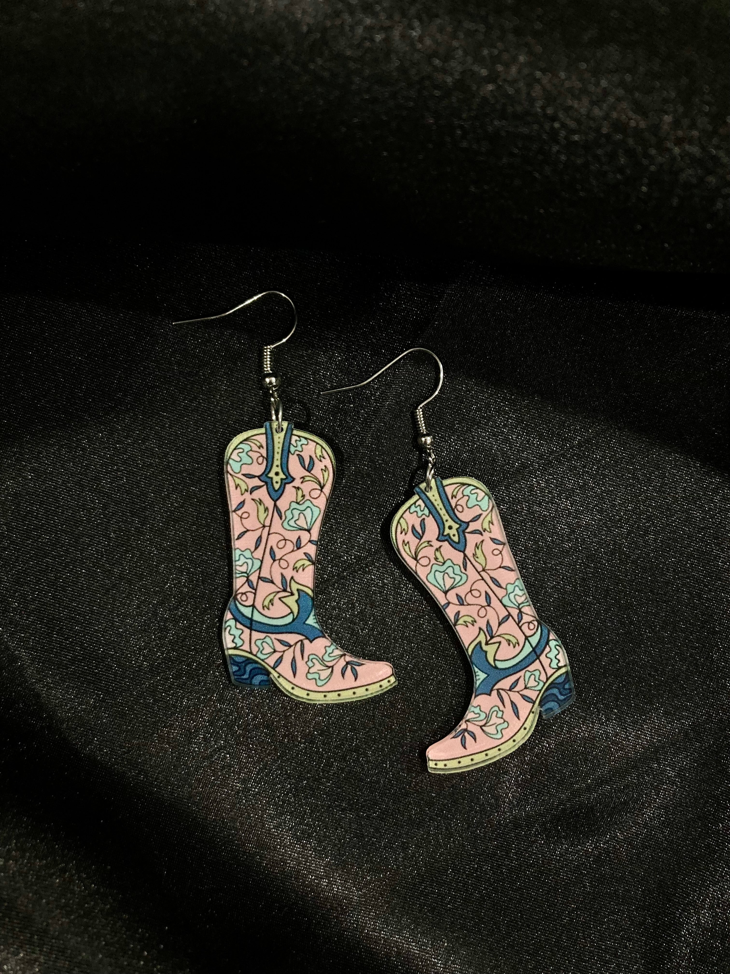 Pink Floral Cowgirl Boots Earrings