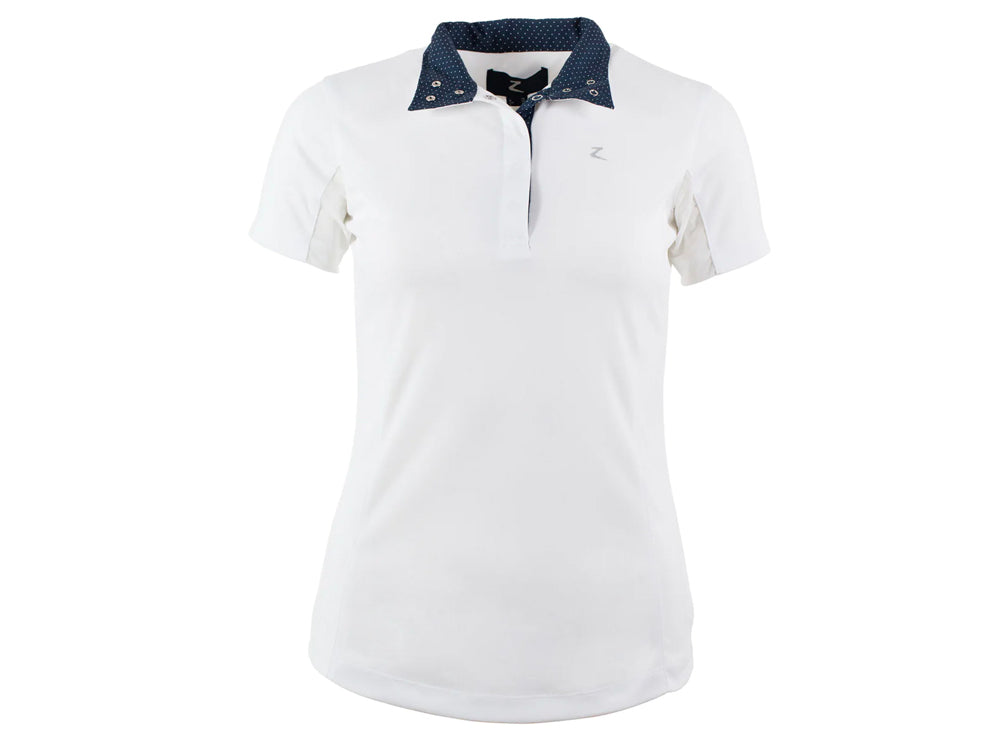 Blaire Ladies Competition Shirt (Short Sleeve) White & Navy - CLEARANCE - Ladies 14 left