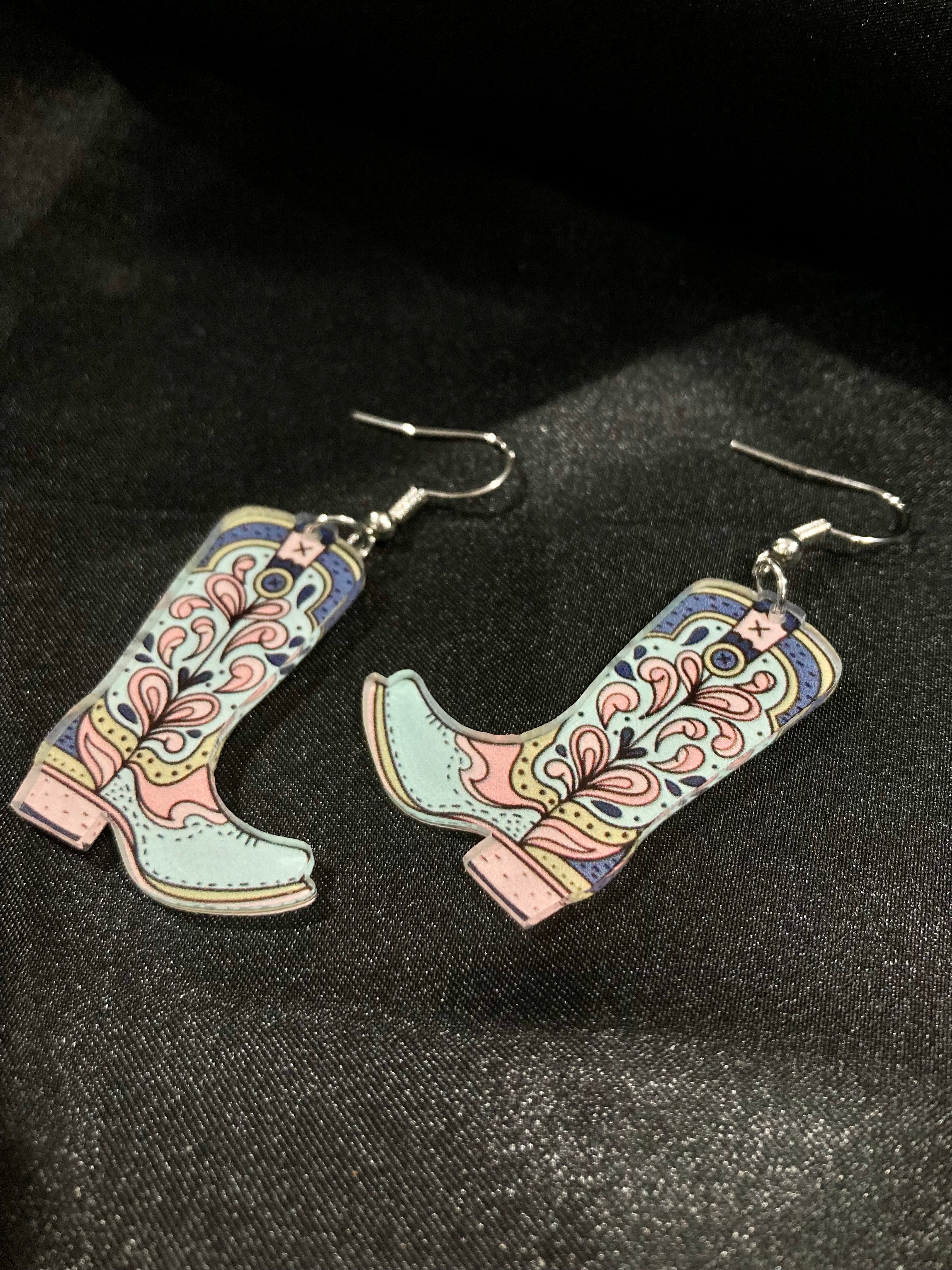 Blue Floral Cowgirl Boot Earrings