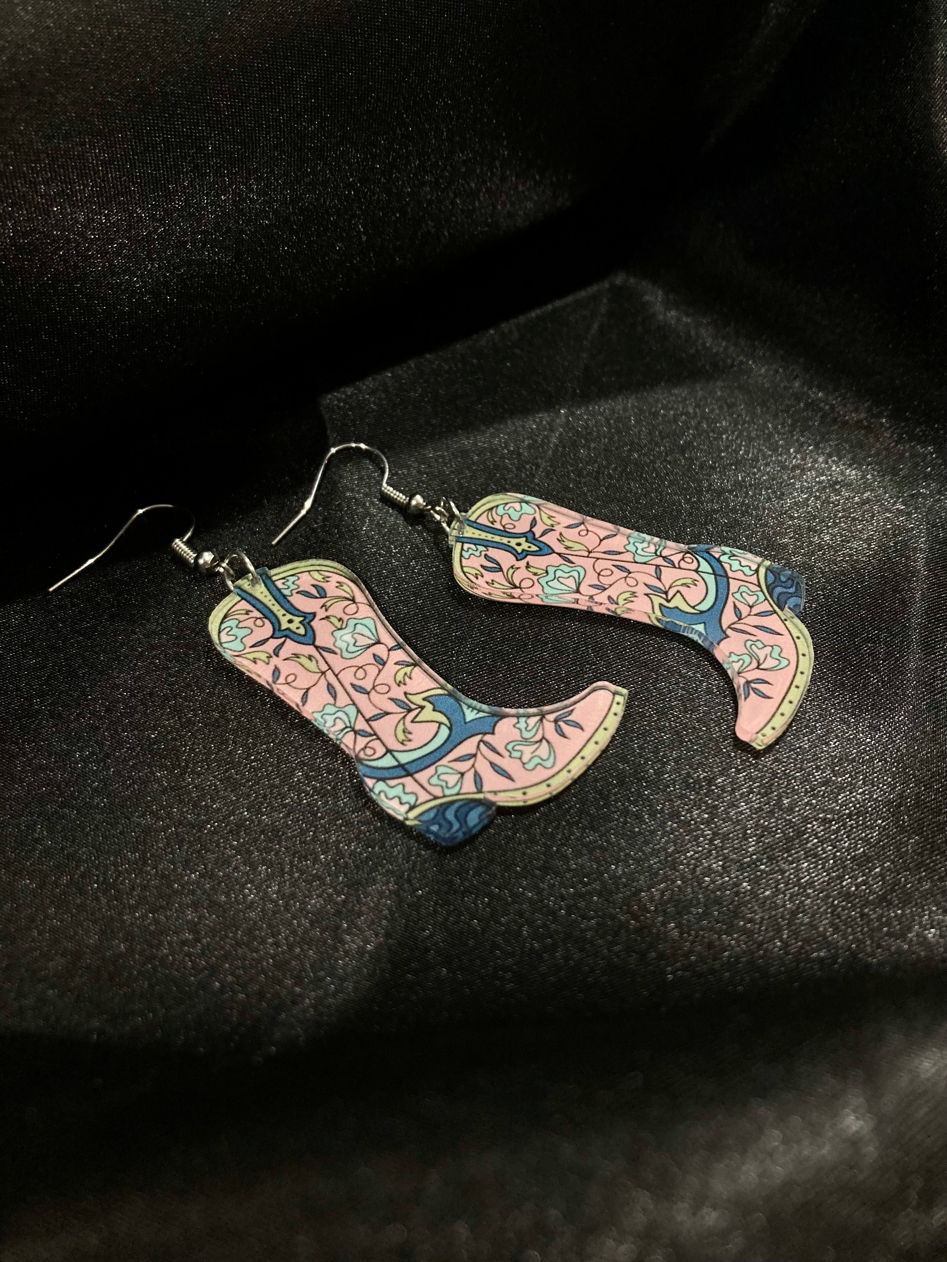 Pink Floral Cowgirl Boots Earrings