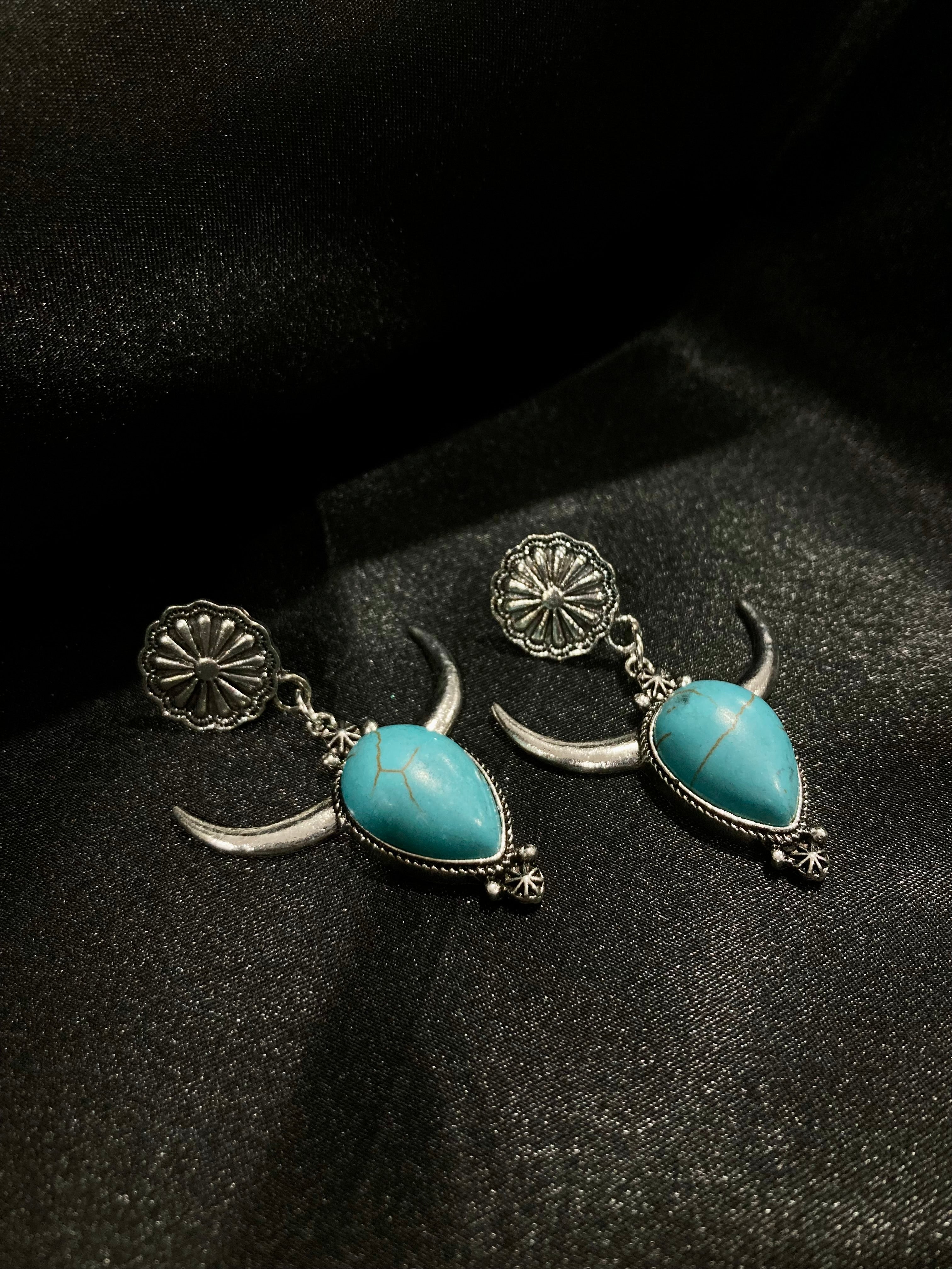 Boho Silver Cow Horn Earrings with Turquoise Stone