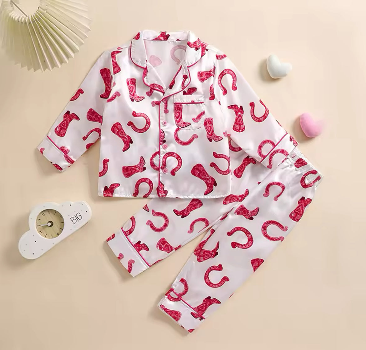 Gala Little Girls Pyjama Set - White with Pink Horse Shoes & Boots