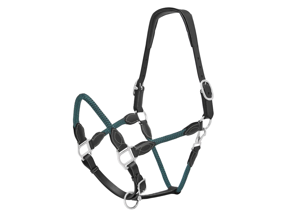 Leather and Rope Halter - Black & Hunter Green