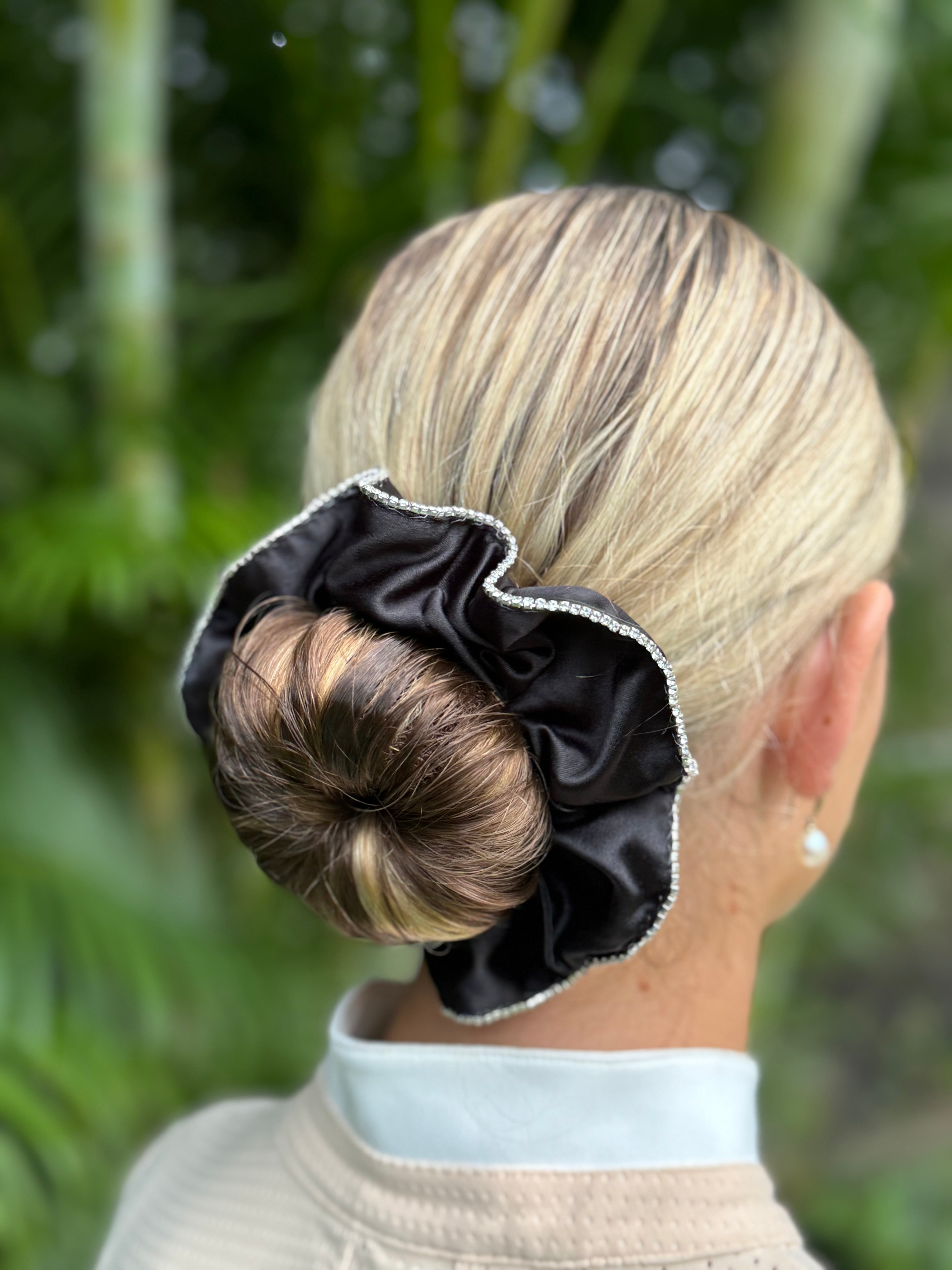 Diamante Scrunchie - Black Satin with single row Diamante