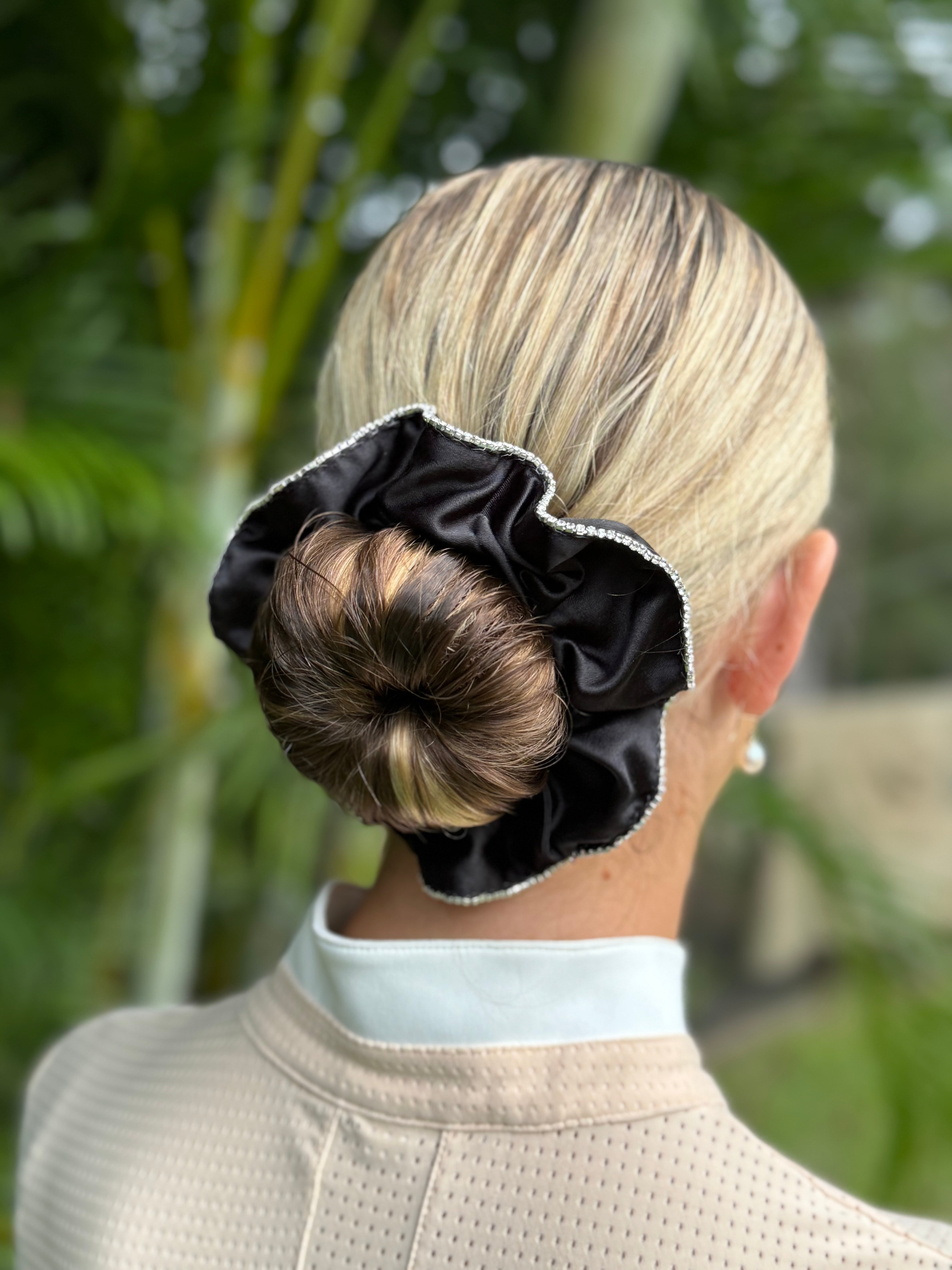 Diamante Scrunchie - Black Satin with single row Diamante