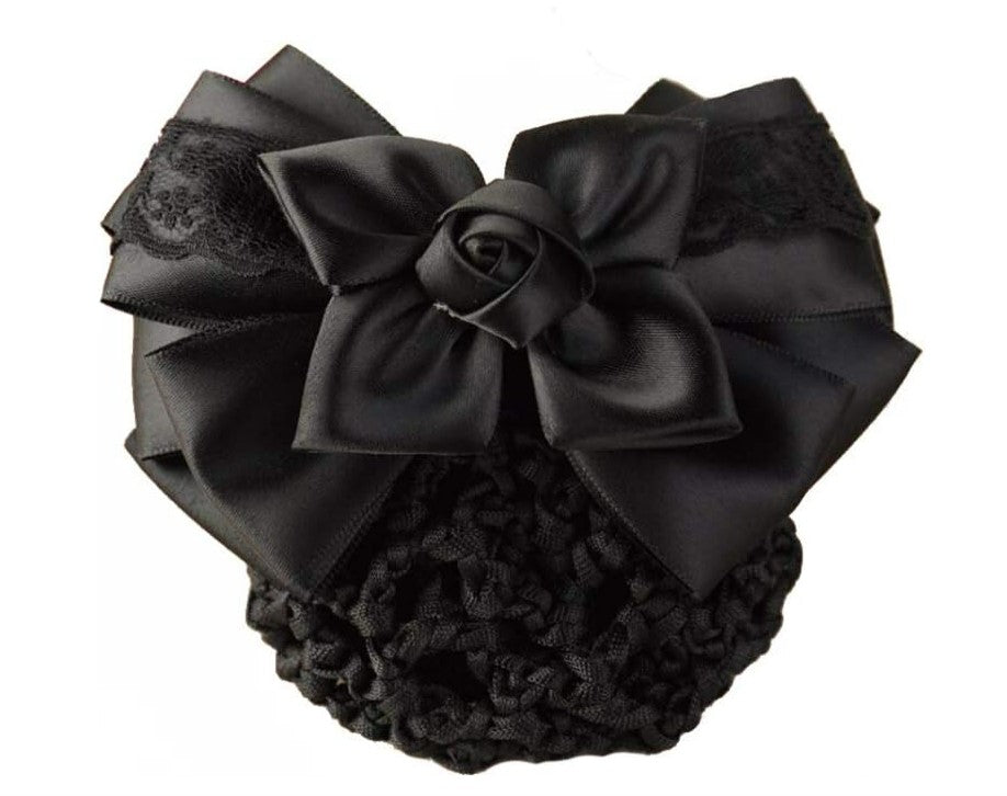 Hair Bow With Clip and Bun hair net - Black with Lace Trim