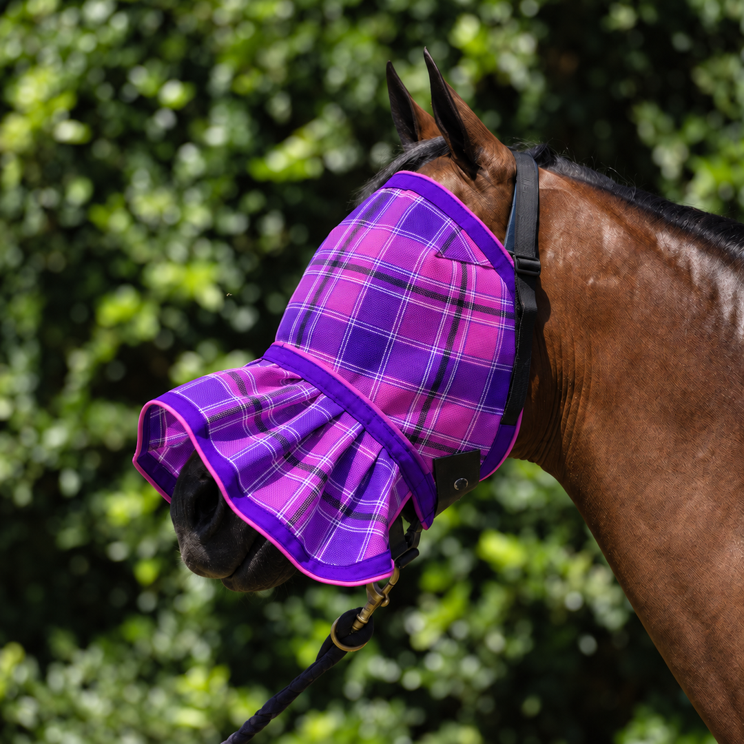 Blossom Ultra Mesh Fly Mask with nose attachment, three-quarter close-up