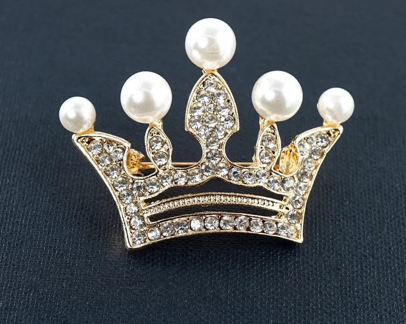 Diamante Crown Pin with Pearls - Gold or Silver