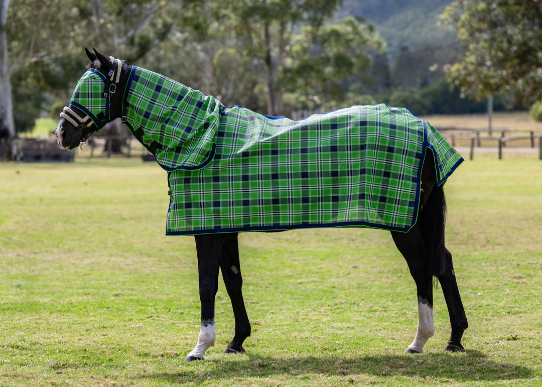 Evergreen Ultra Mesh Summer Weave neck combo with a matching fly mask without nose attachment, full side view