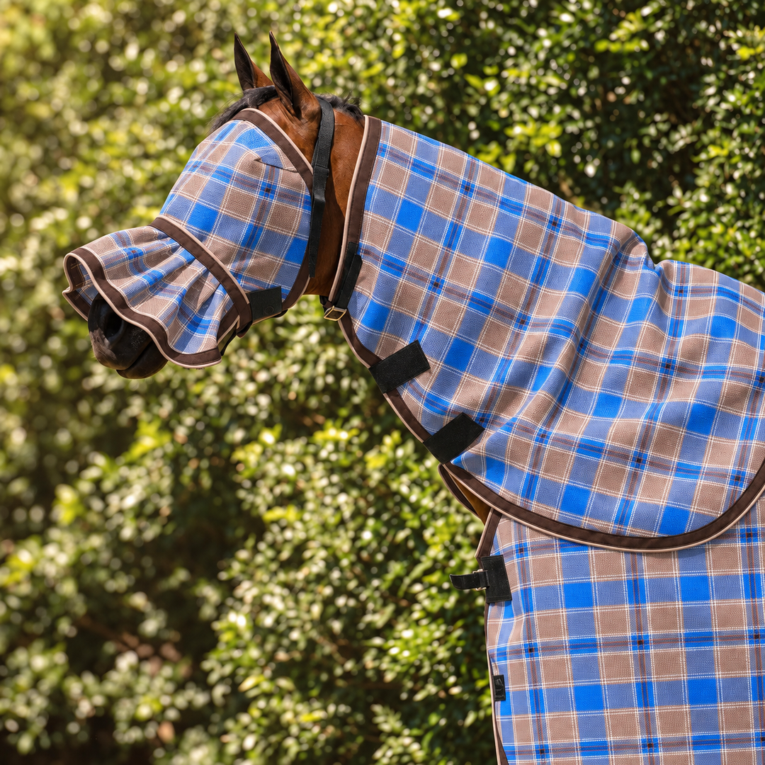 Ice Coffee Ultra Mesh Fly Mask with nose attachment and matching neck combo, close-up