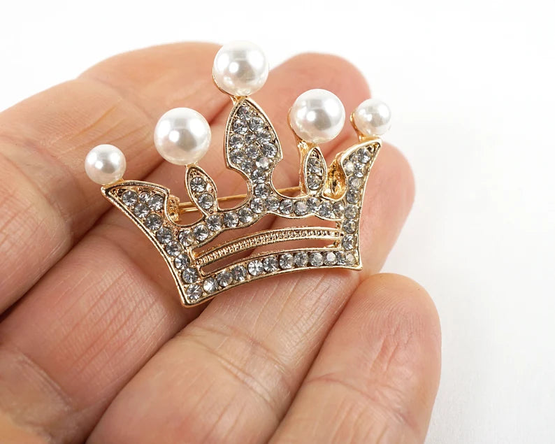 Diamante Crown Pin with Pearls - Gold or Silver