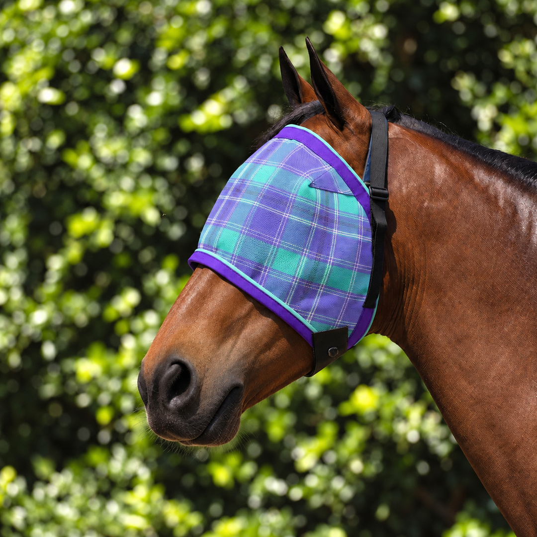 Lavender Ultra Mesh Fly Mask without nose attachment, three-quarter close-up