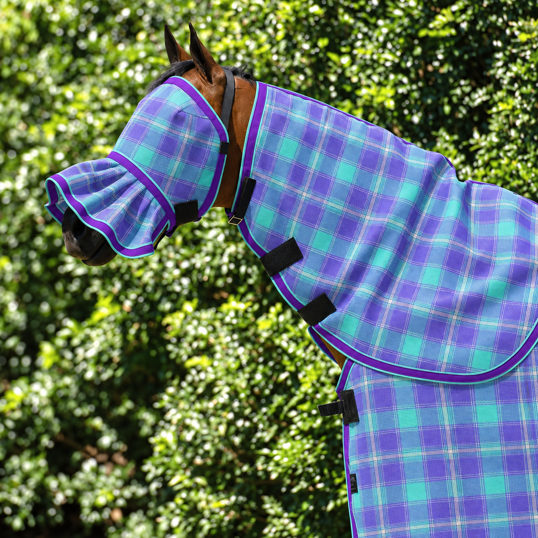Lavender Ultra Mesh Fly Mask with nose attachment and matching neck combo, close-up
