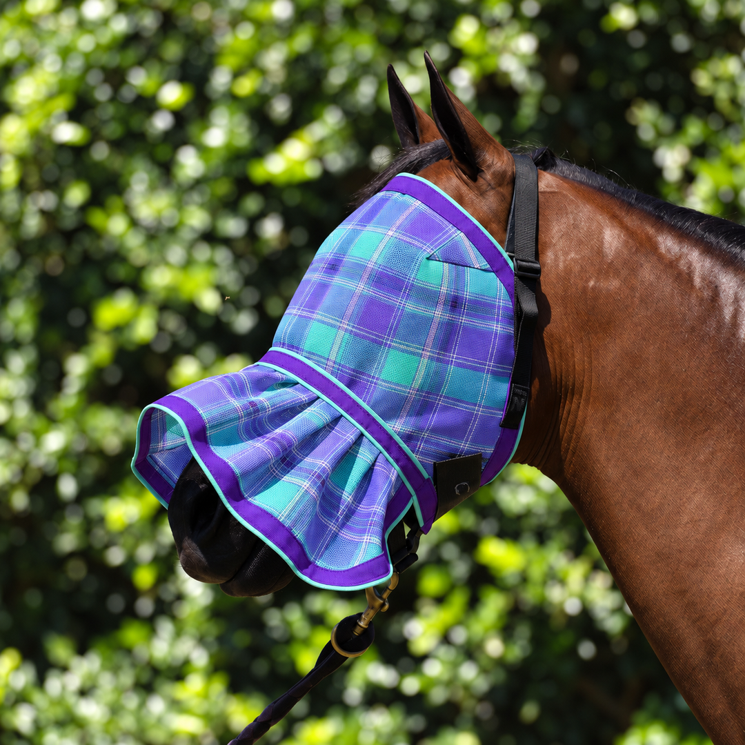 Lavender Ultra Mesh Fly Mask with nose attachment, three-quarter close-up