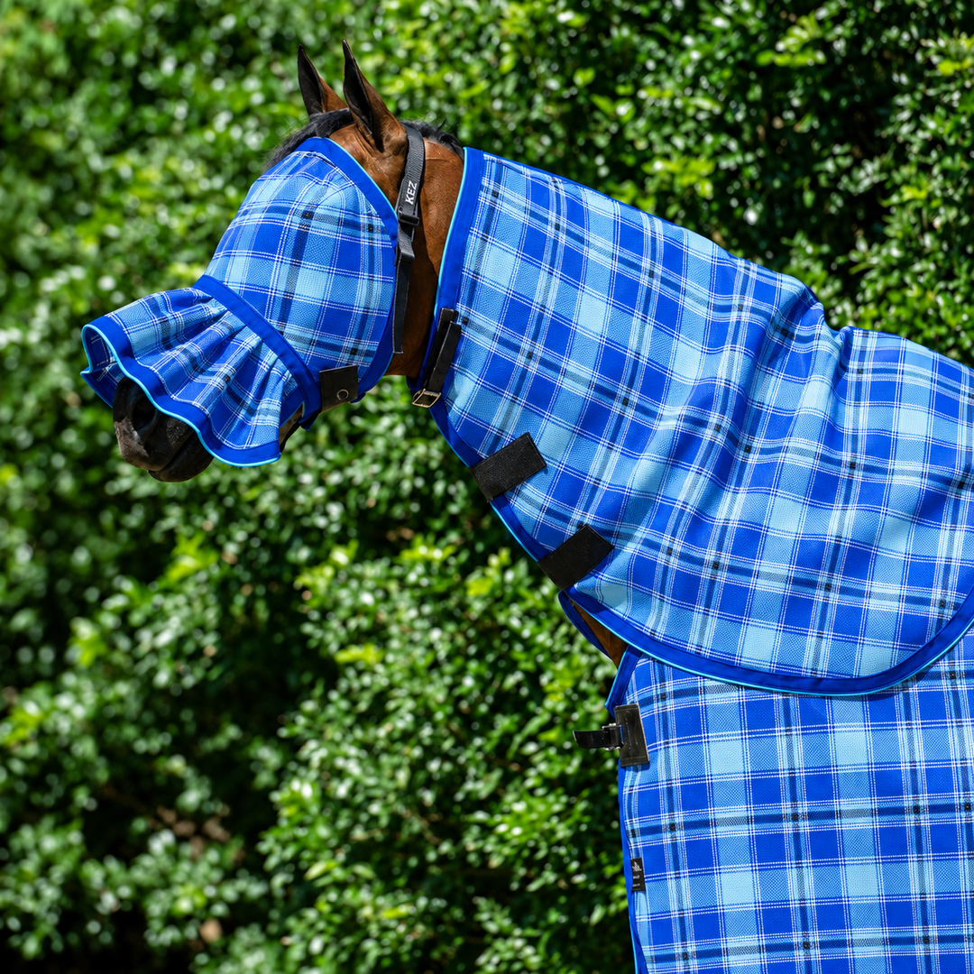 Ocean Ultra Mesh Fly Mask with pleated nose and matching neck combo on a bay horse