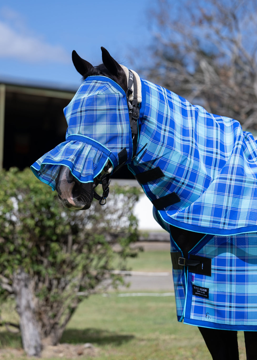 Ocean Ultra Mesh Fly Mask with pleated nose and matching neck rug, side view