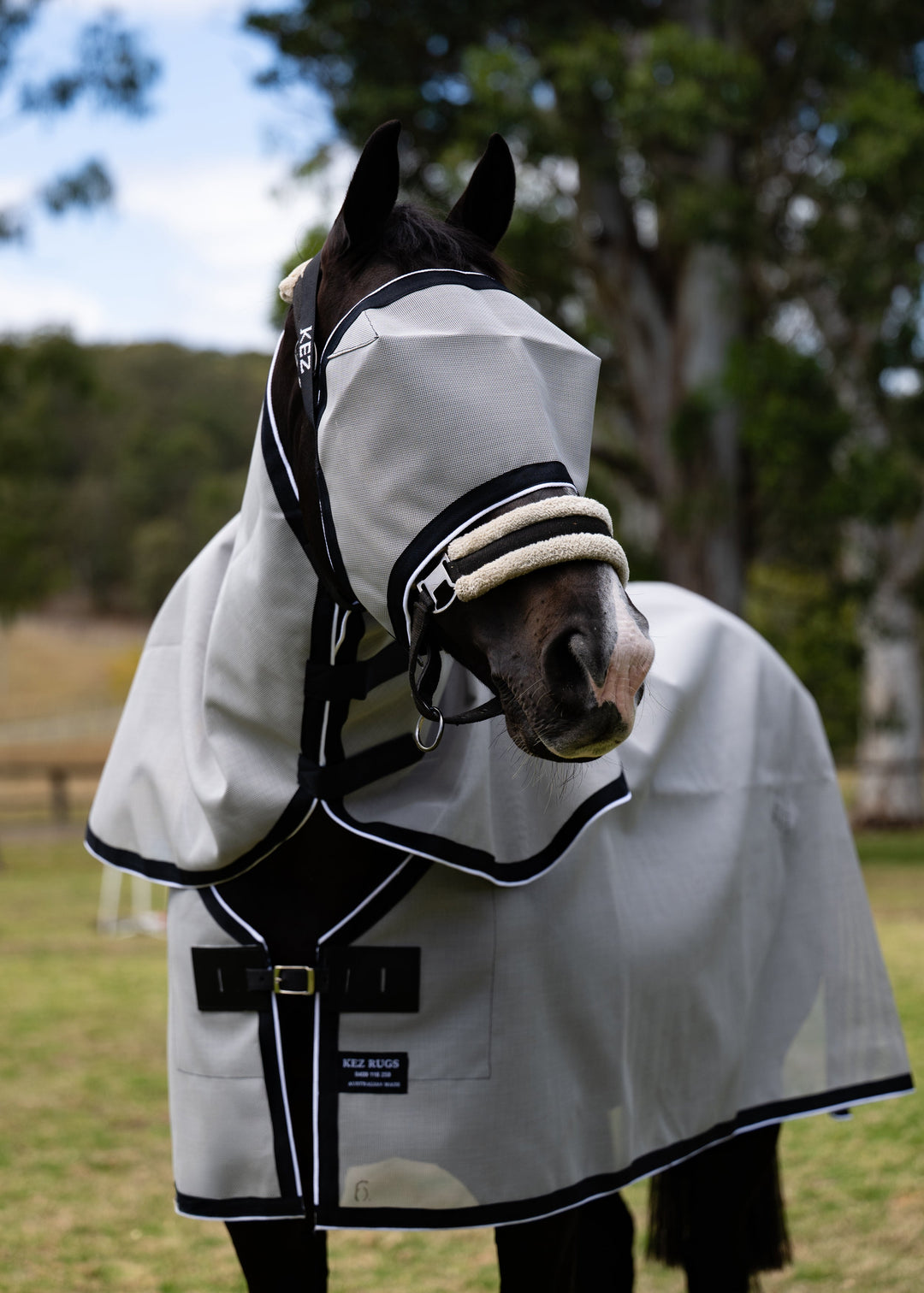Plain Silver Ultra Mesh Fly Mask without nose attachment worn with the matching neck combo, front view