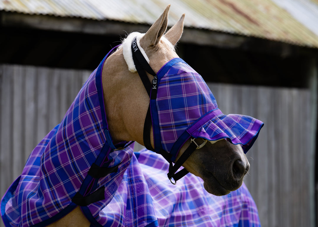 Regal Ultra Mesh Fly Mask with pleated nose attachment, side close-up in landscape framing