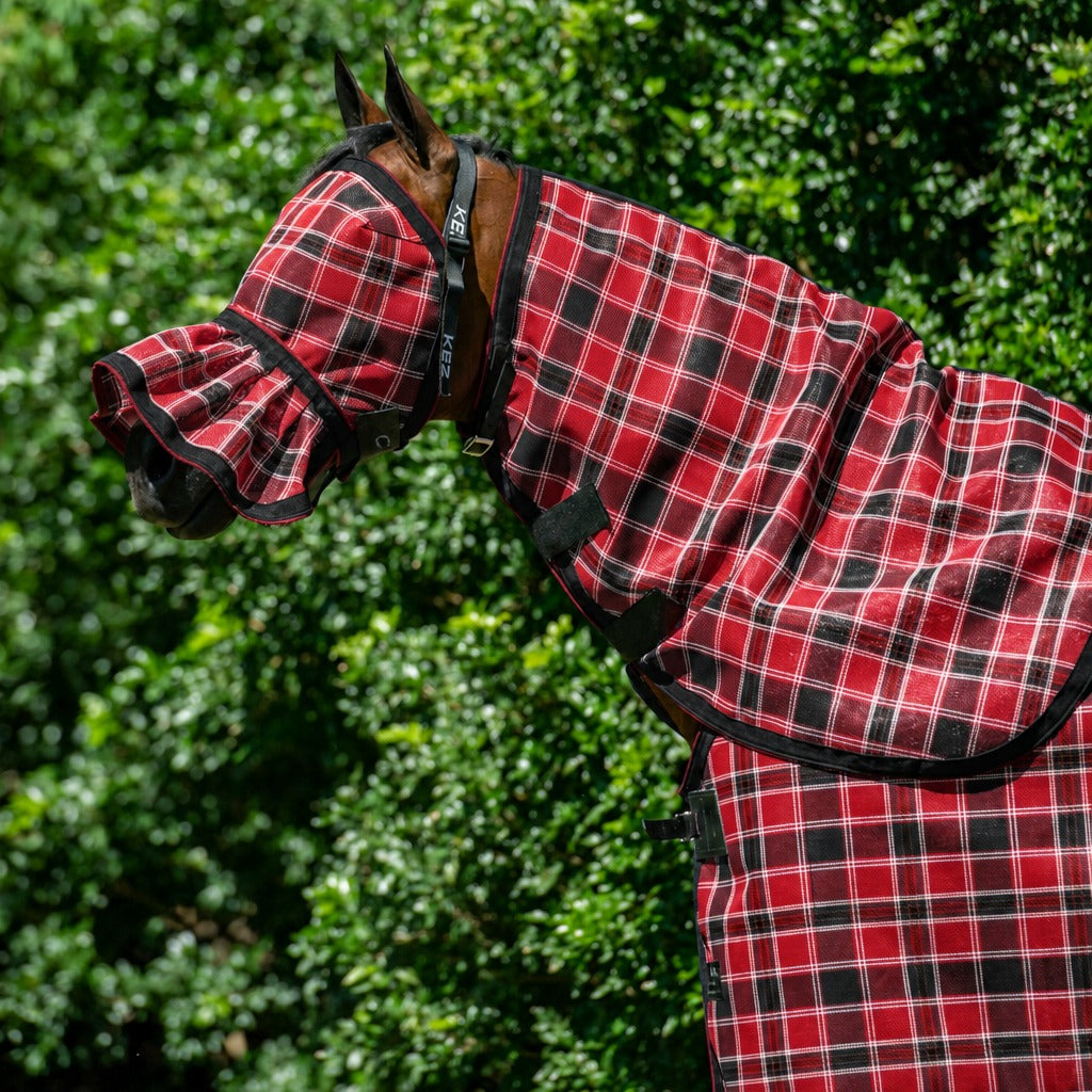 Scarlet Fly Mask worn with the matching mesh neck combo