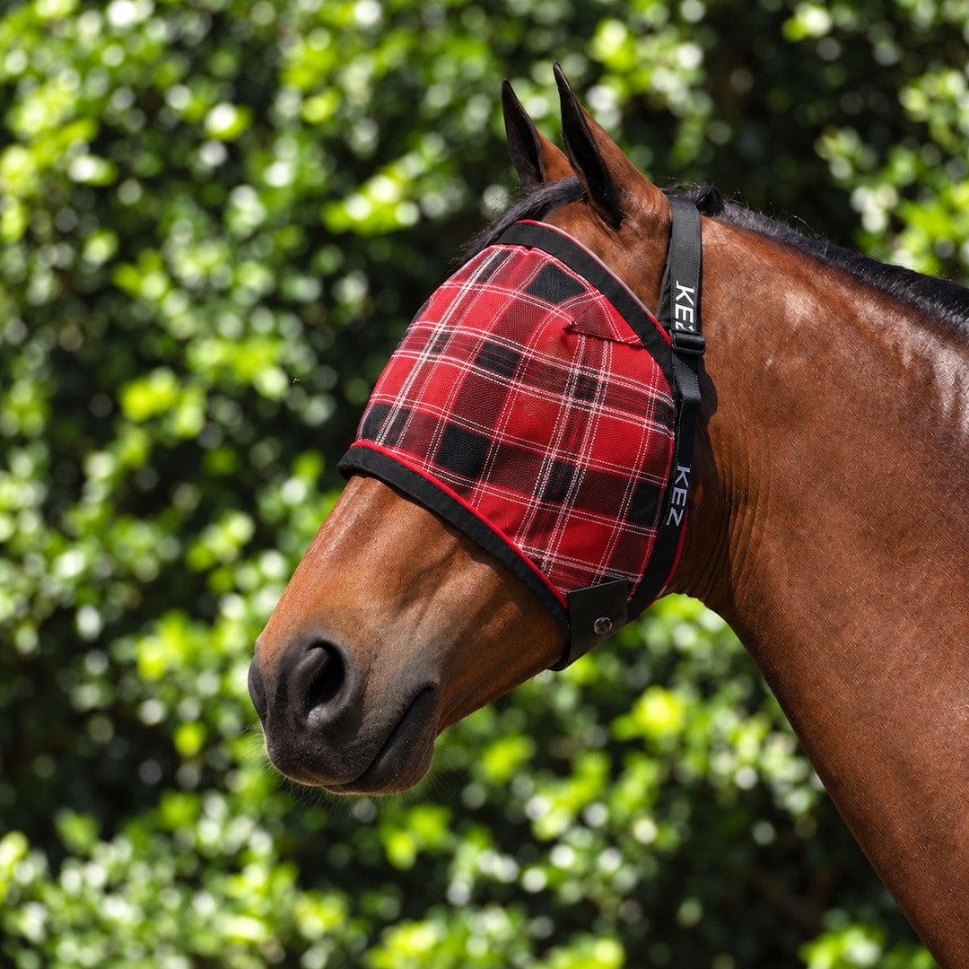 Scarlet Ultra Mesh Fly Mask without nose attachment, three-quarter close-up