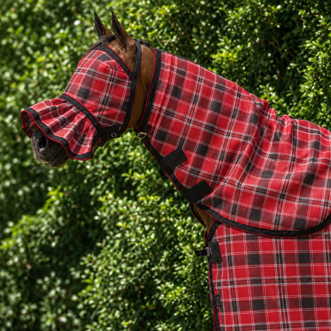Scarlet Ultra Mesh Fly Mask with nose attachment and matching neck combo, close-up