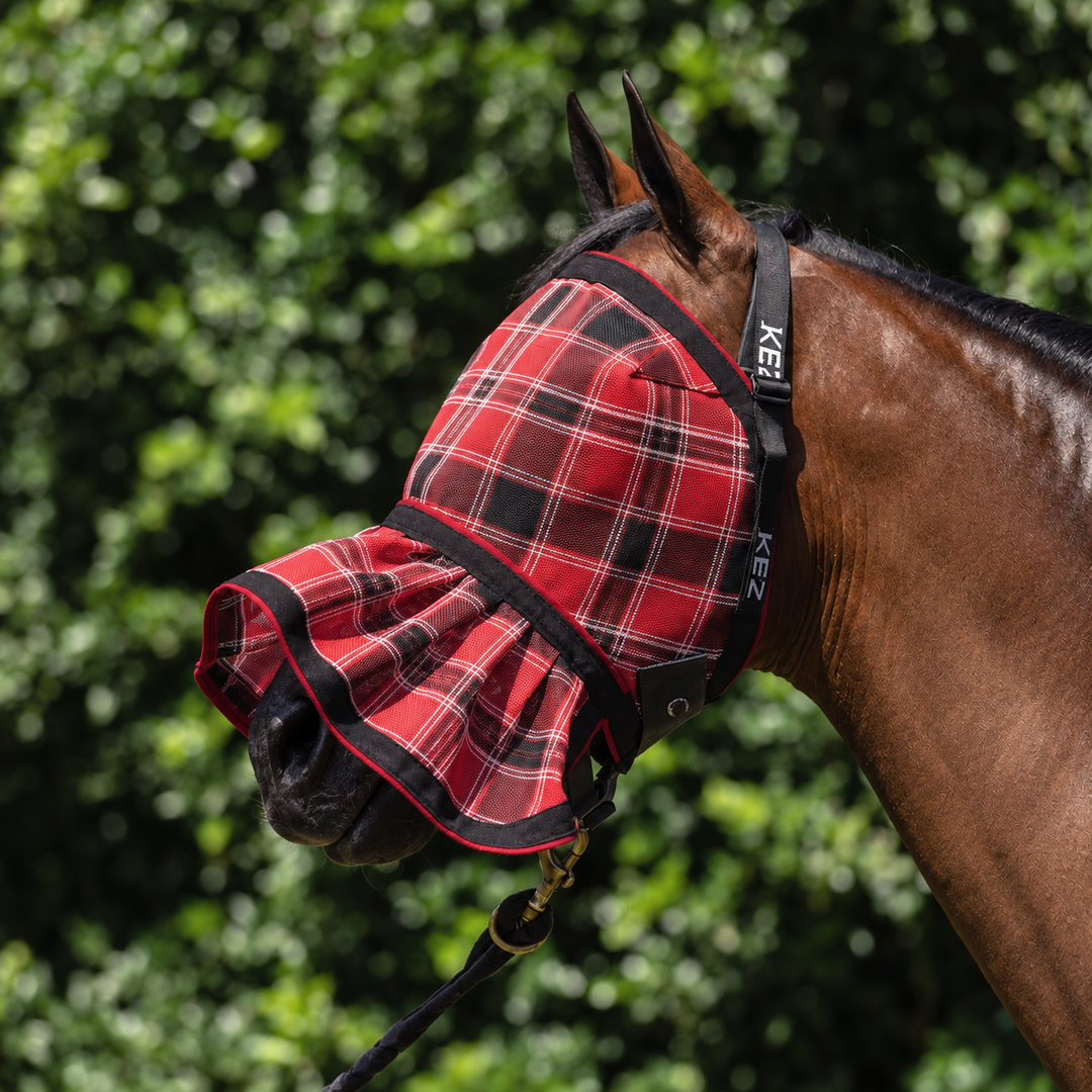 Scarlet Ultra Mesh Fly Mask with nose attachment, three-quarter close-up