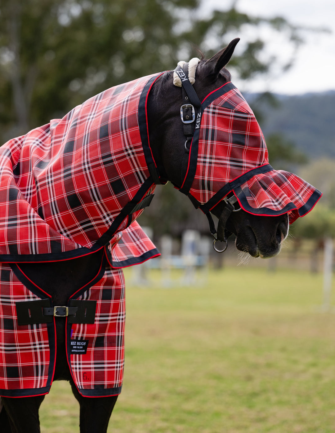 Scarlet Ultra Mesh Fly Mask with pleated nose attachment, main side portrait