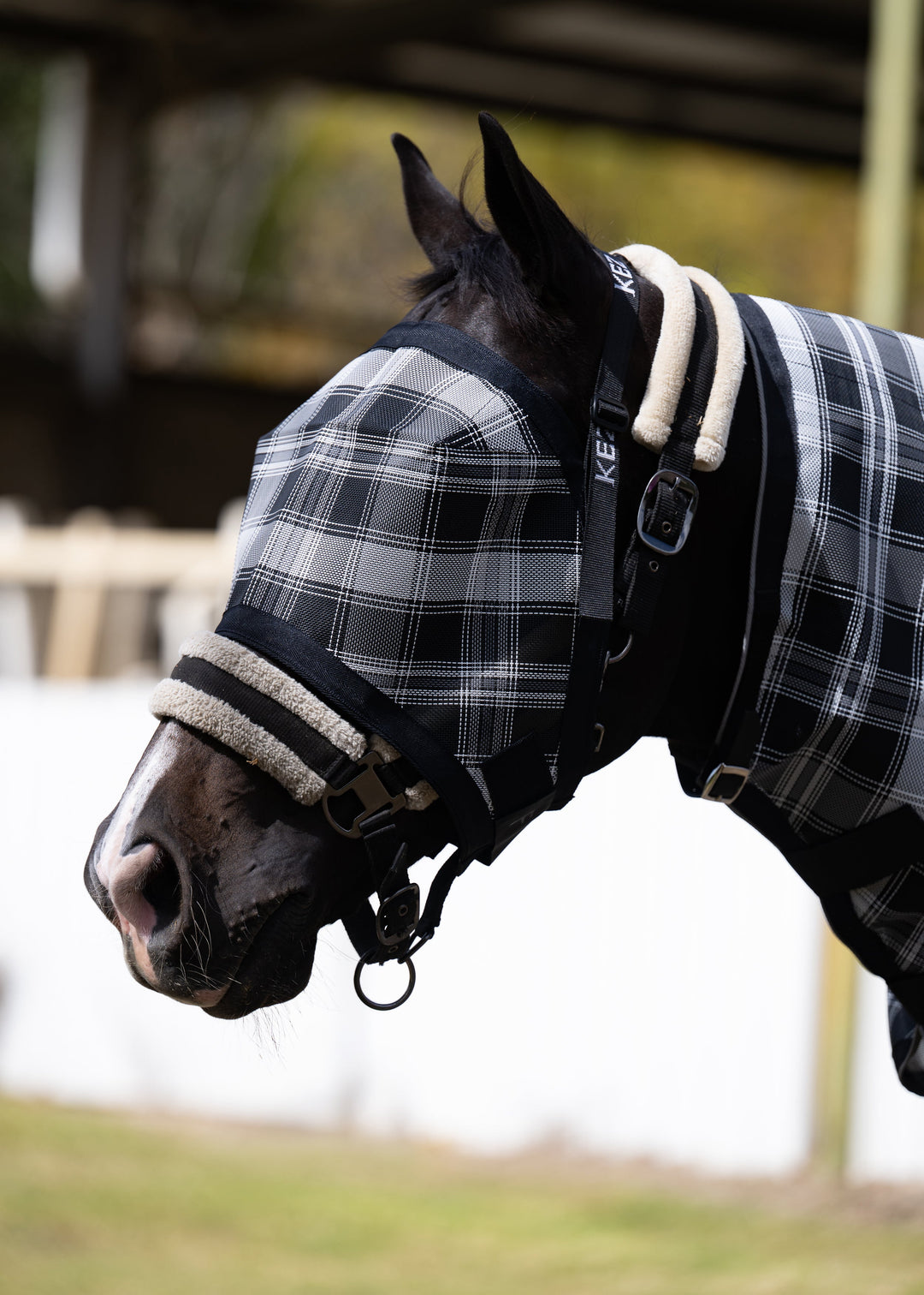 Storm Ultra Mesh Fly Mask without nose attachment on a black horse, main side view