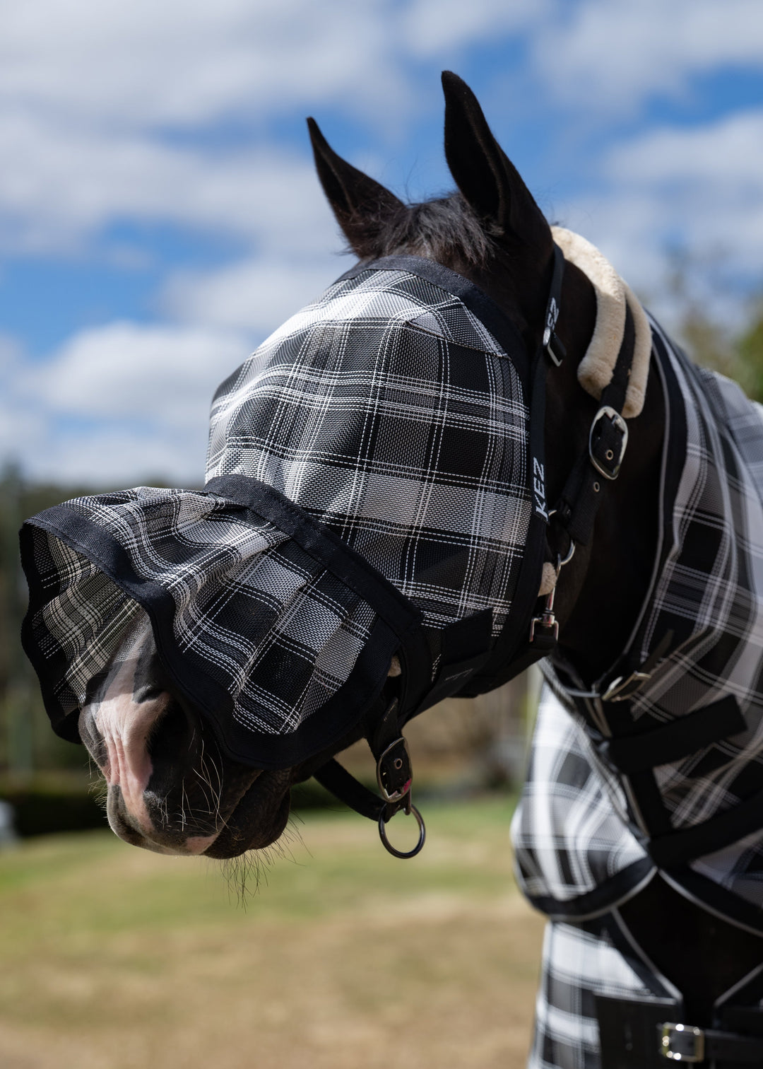 Storm Ultra Mesh Fly Mask with pleated nose attachment, left-facing close-up