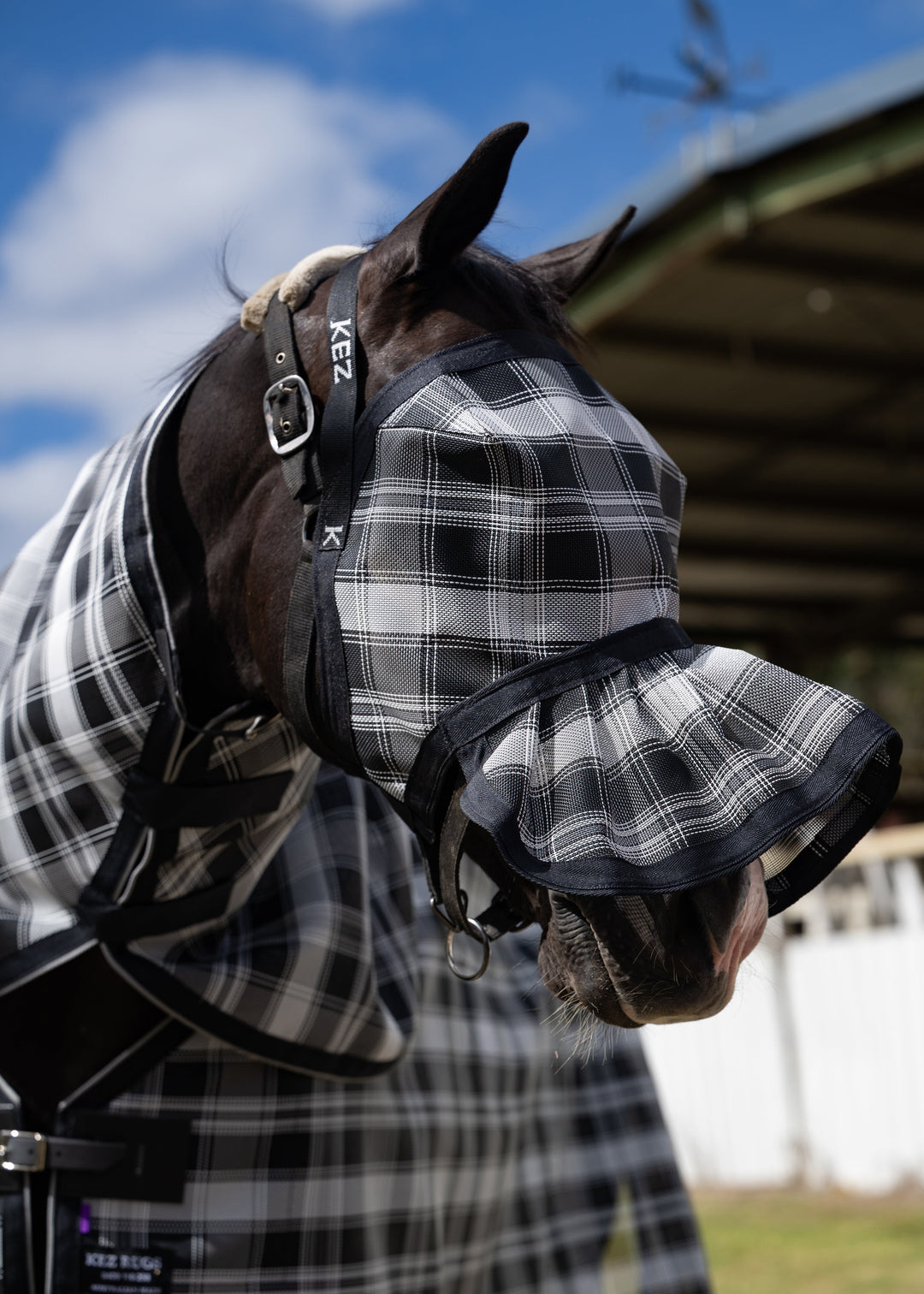 Storm Ultra Mesh Fly Mask with pleated nose attachment, right-facing close-up