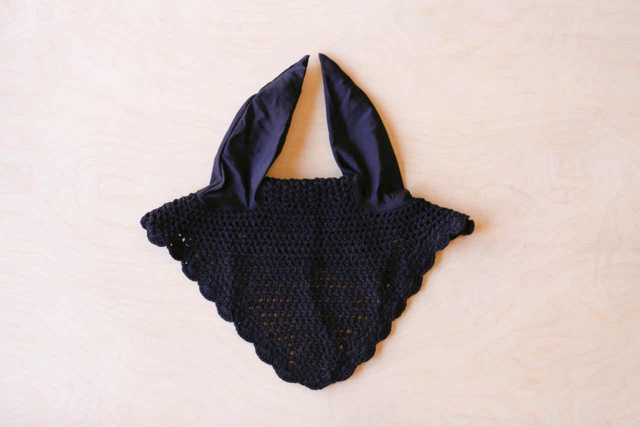 Crochet Ear Bonnet - Black with white Rope