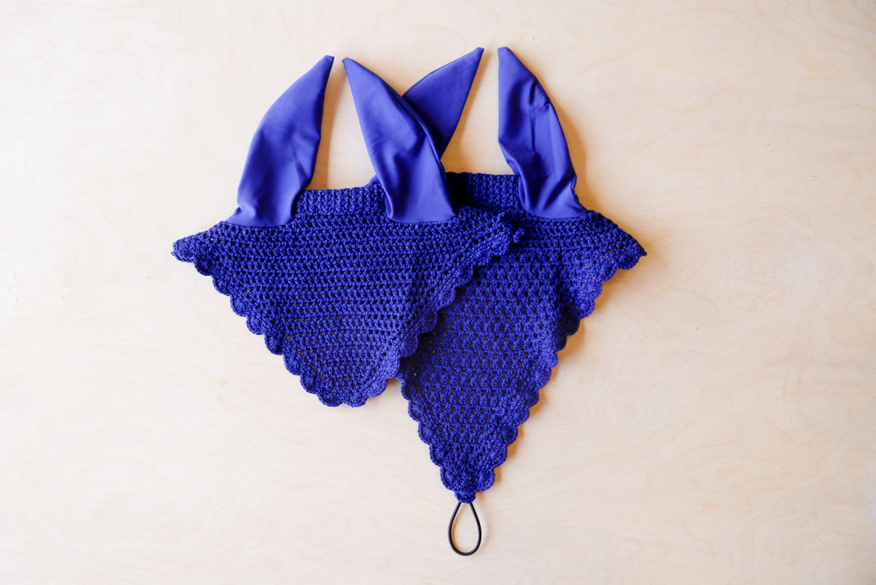 Crochet Long Style Tie Down Ear Bonnet Blue