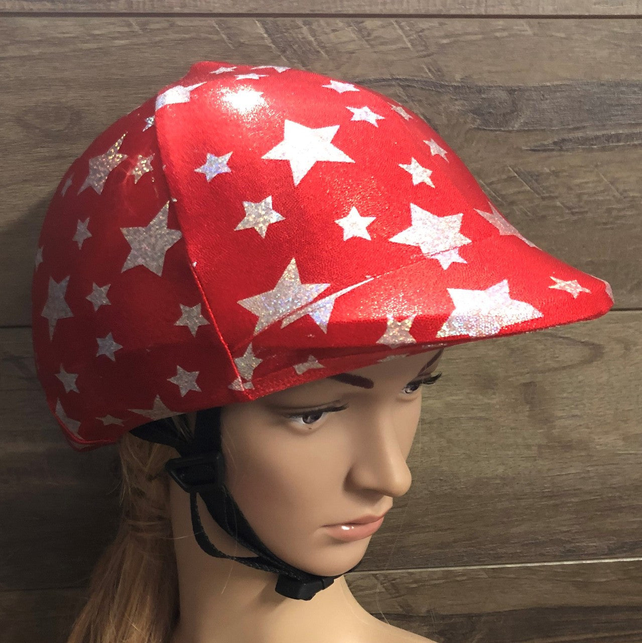 Red with Silver Stars

Lycra Helmet Cover will fit most riding helmets 
Ribbon Bow can be added in any colour just ask