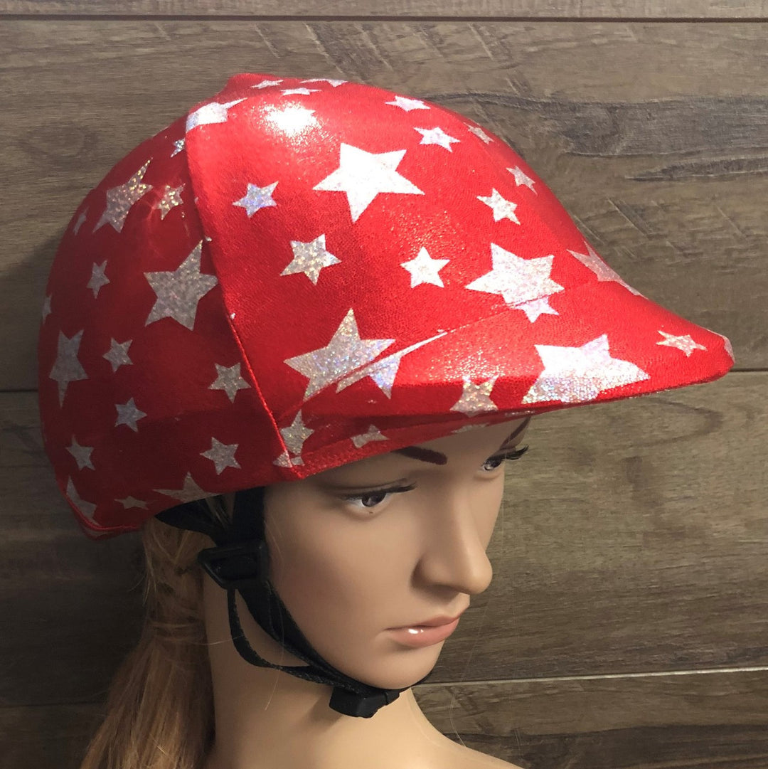 Red with Silver Stars

Lycra Helmet Cover will fit most riding helmets 
Ribbon Bow can be added in any colour just ask