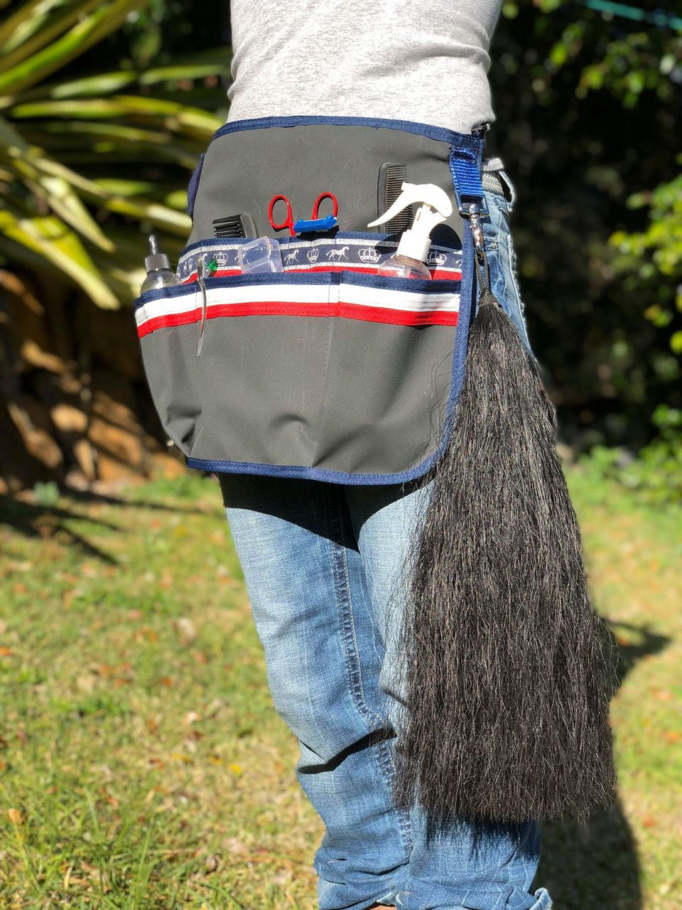 Apron in use, pockets and tail attached ready. Lots of colours avalible