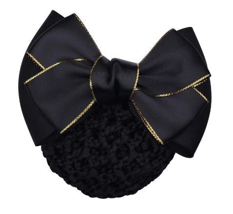 Hair Bow With Clip and Bun hair net - Black with Gold Trim