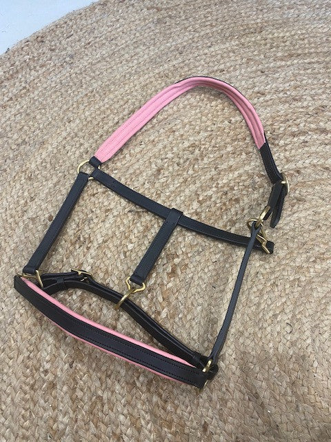 Black and Pink Leather Halter with Brass Fittings - S/Pony & Pony left in stock!!