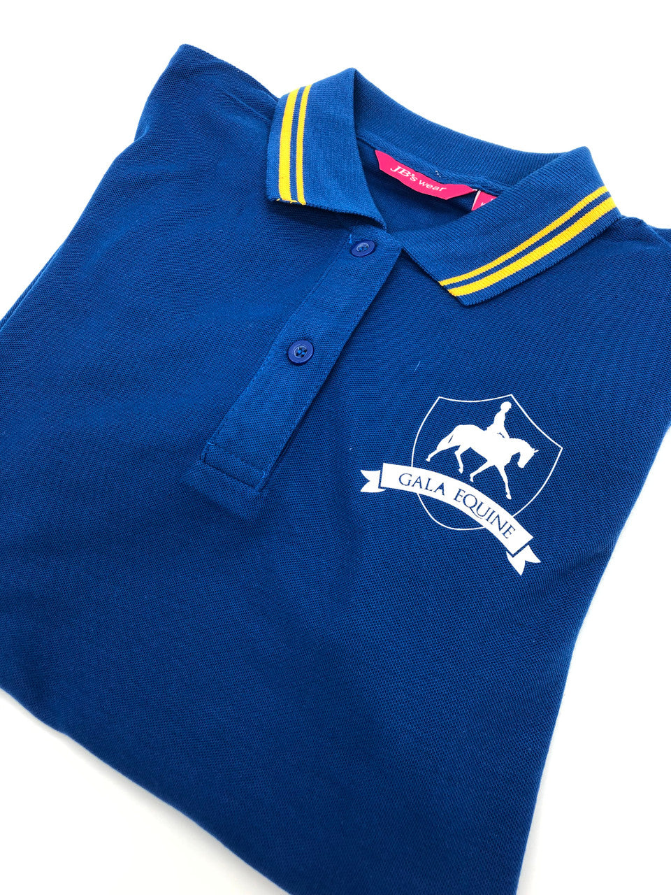 Blue polo shirt shop with yellow horse