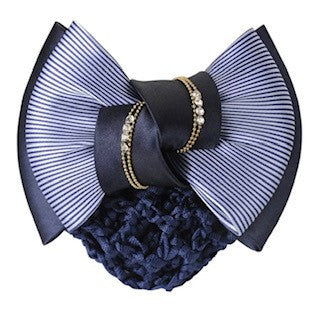 Hair Bow With Clip and Bun hair net - Navy stripes with Gold & Diamontes