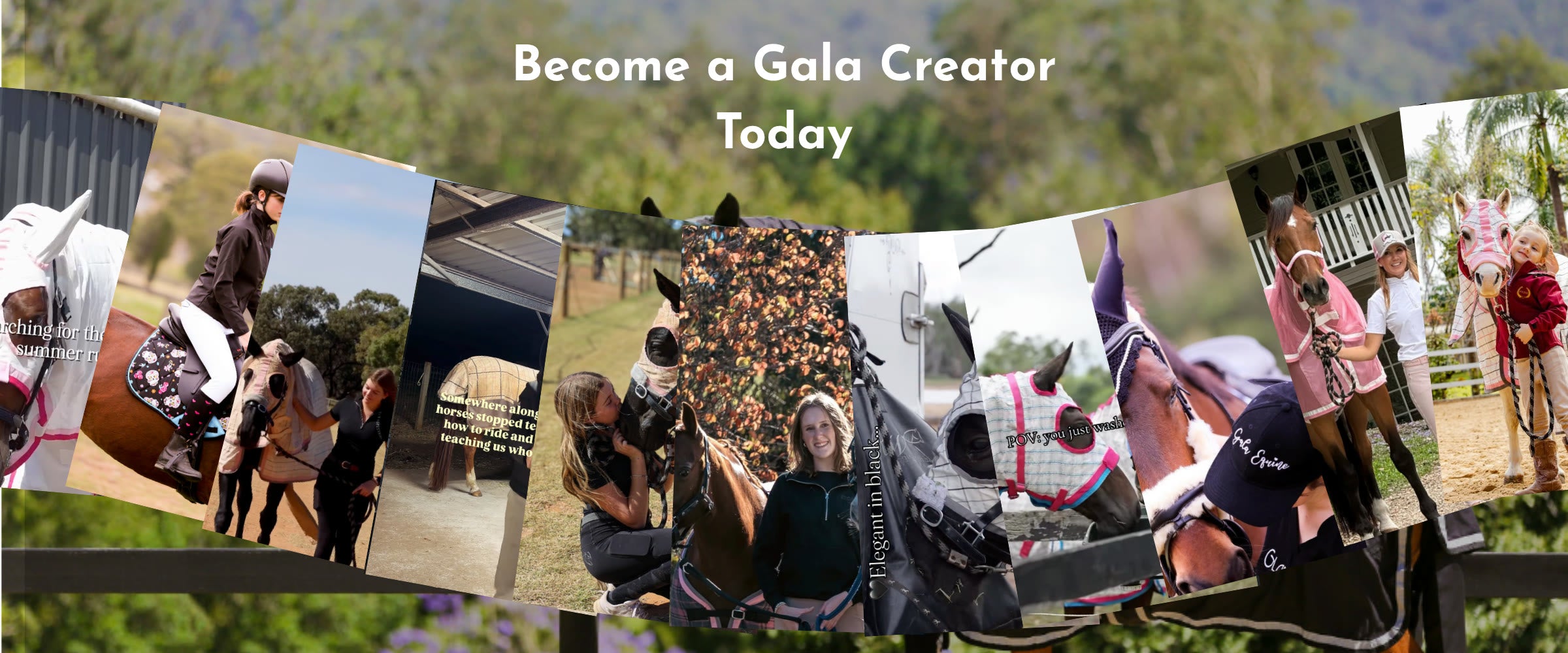 Become a Gala creator today. A fan of creator videos of horses in Gala Equine gear over a paddock.